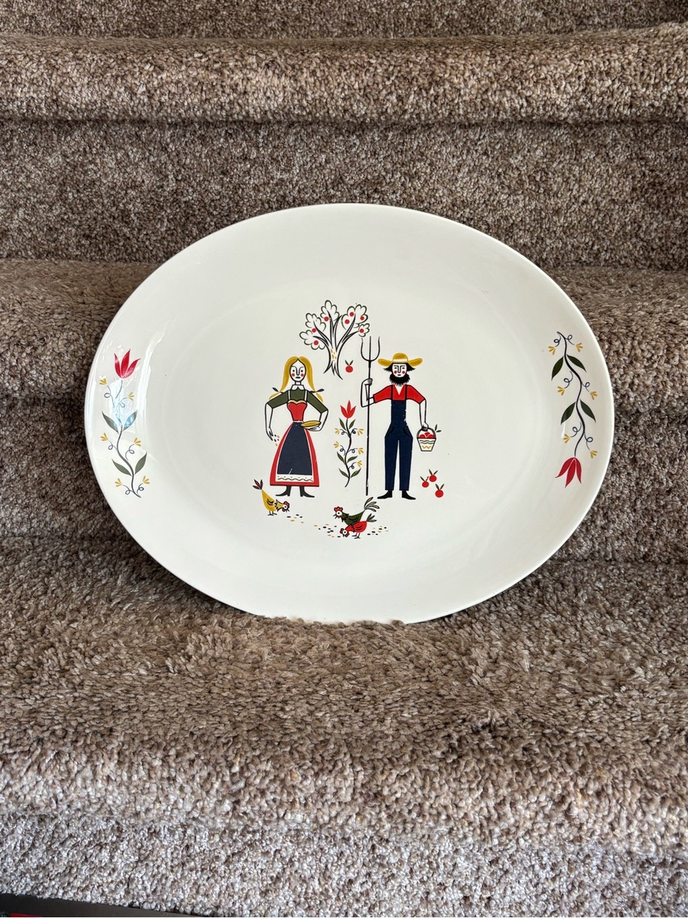 Vintage Folk Art Ceramic Serving Platter in White with Red and Navy Motif